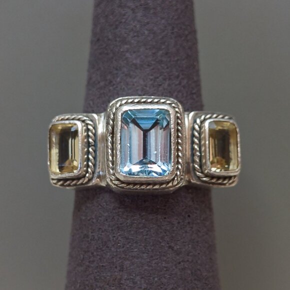 Lori Bonn Vintage Sterling Silver Gemstone Ring–Blue Topaz & Citrine, Size 57.5 - Picture 1 of 16